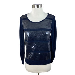 Eva Minge Navy Blue Sequin Tie Back Linen Blend Lightweight Sweater Size 36